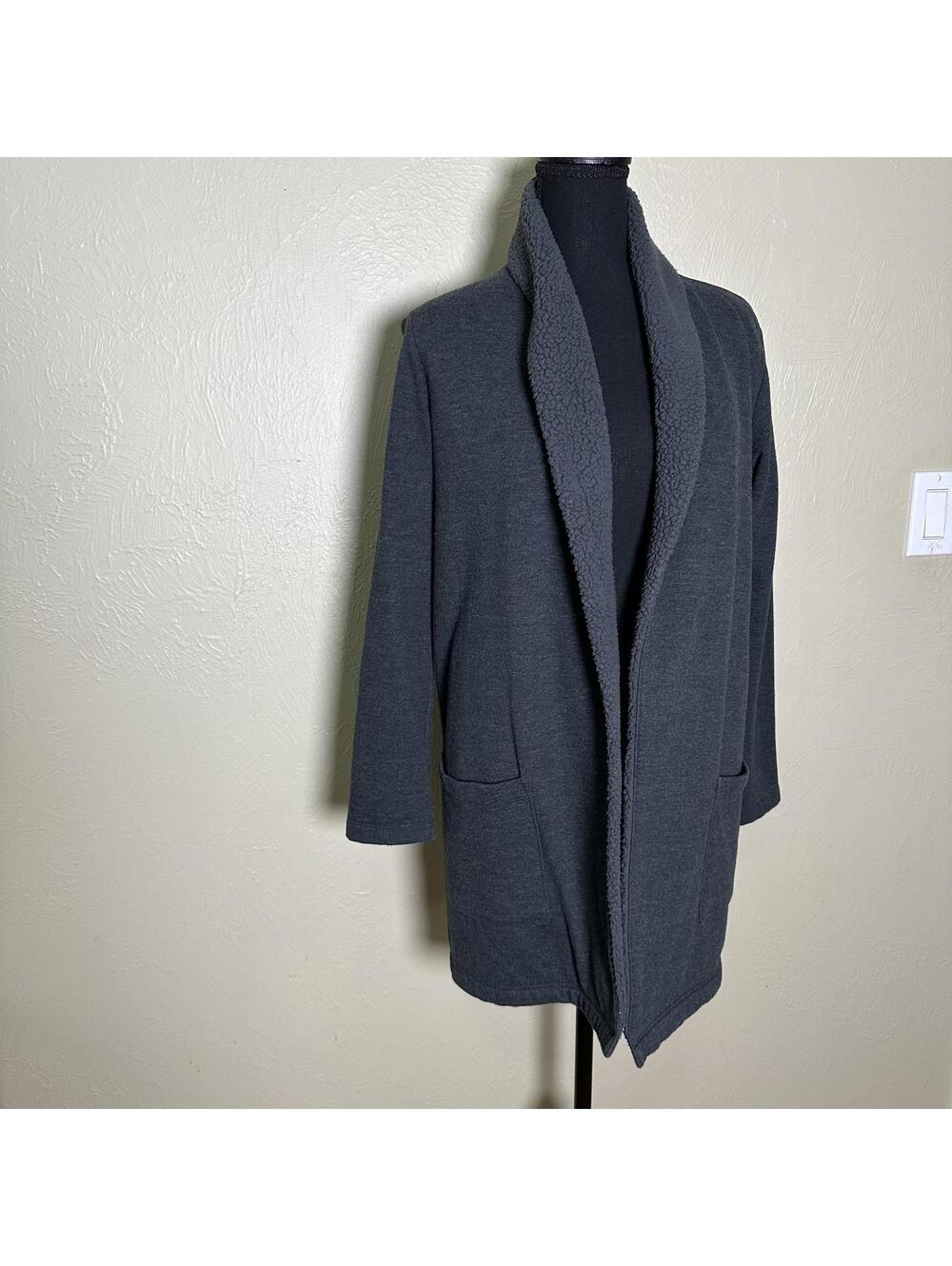 Eddie Bauer Sherpa Shawl Collar Open Front Cardigan Coatigan Gray XS